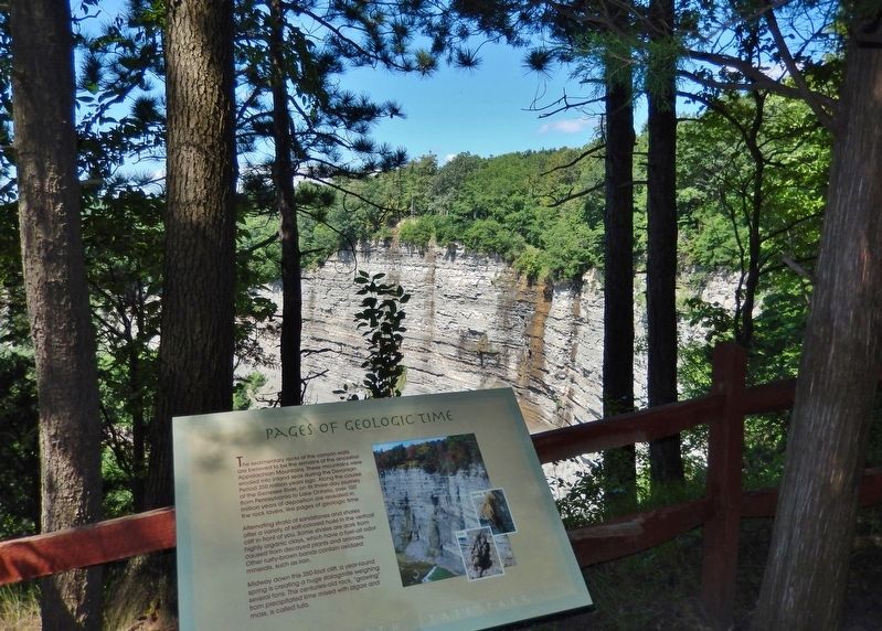 Pages of Geologic Time Marker • <i>wide view<br>(Genesee River Gorge in background)</i> image. Click for full size.