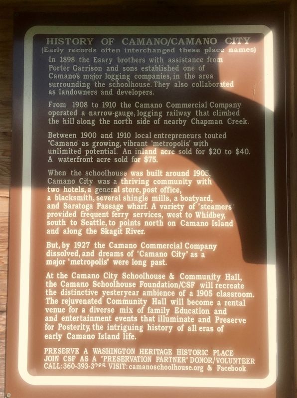 History of Camano/Camano City Marker. Click for full size. History of Camano/Camano City Marker image. Click for full size.