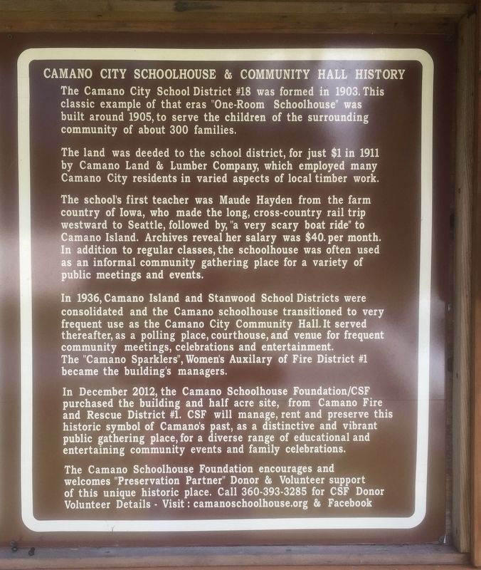 Camano City Schoolhouse and Community Hall History Marker image. Click for full size.
