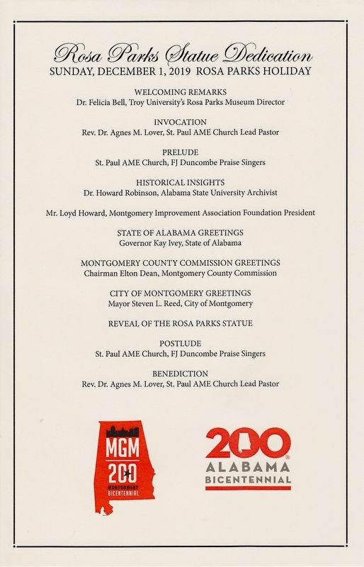 Dedication program for the unveiling of the Rosa Parks Statue and Marker.. Click for full size. Dedication program for the unveiling of the Rosa Parks Statue and Marker. image. Click for full size.
