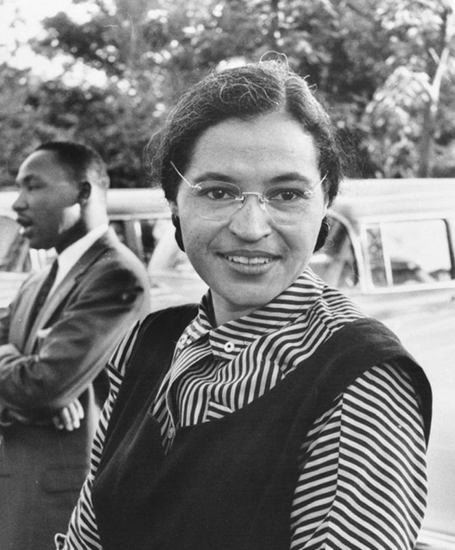 Photograph of Rosa Parks with Dr. Martin Luther King Jr. image. Click for full size.