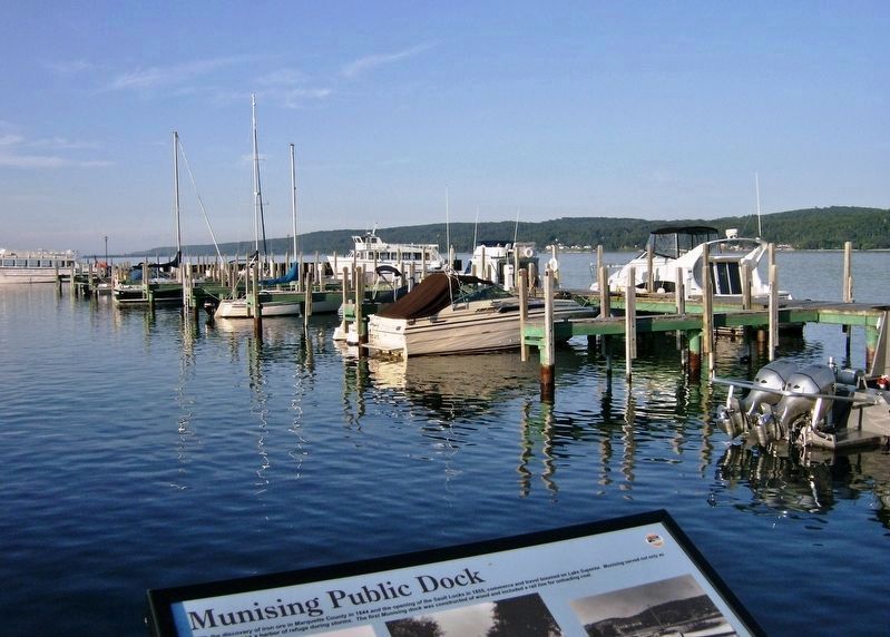 Munising Public Dock Marker  <i>wide view<br>(dock, boats & Munising Bay in background)</i> image. Click for full size.