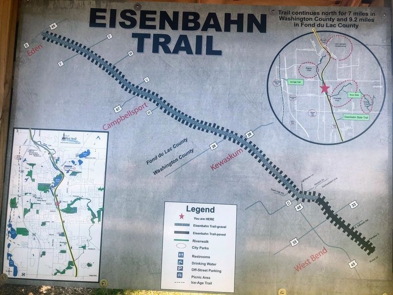 Trail Map on the back of Eisenbahn Trail History Marker image. Click for full size.
