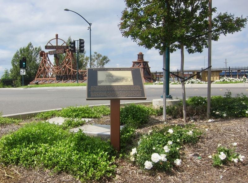 Roseville Junction Monument Marker - wide view, with monument in the background image. Click for full size.