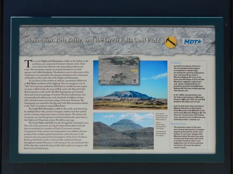 Mountains, Belt Butte, and the Great Falls Coal Field Marker image. Click for full size.