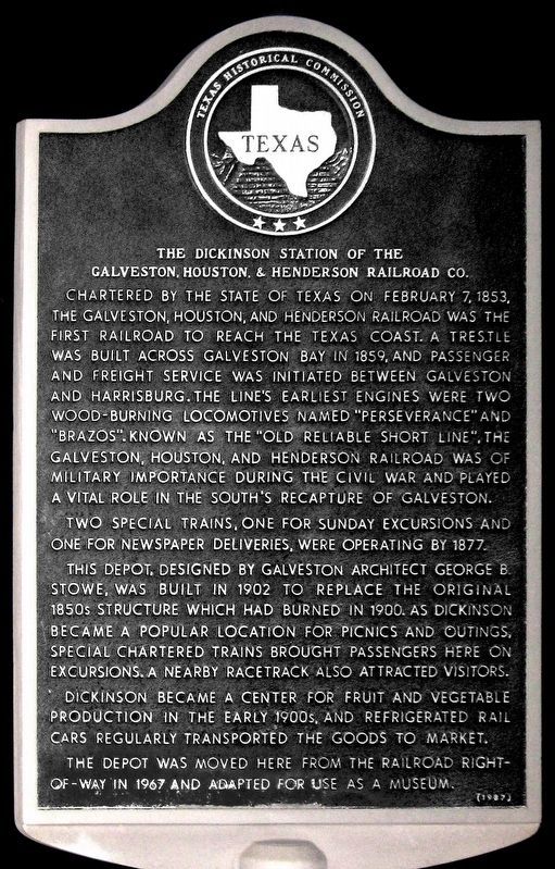 The Dickinson Station of the Galveston, Houston, & Henderson Railroad Co. Marker image. Click for full size.