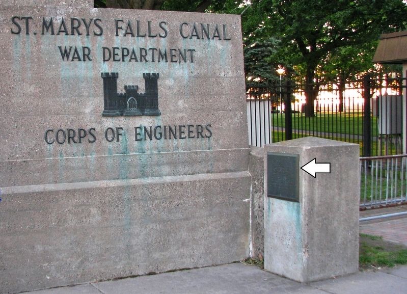 St. Marys Falls Canal Marker<br>(<i>wide view from West Portage Avenue)</i> image. Click for full size.