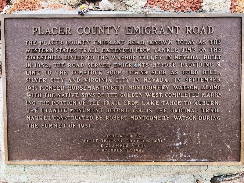 Placer County Emigrant Road Marker image. Click for full size.