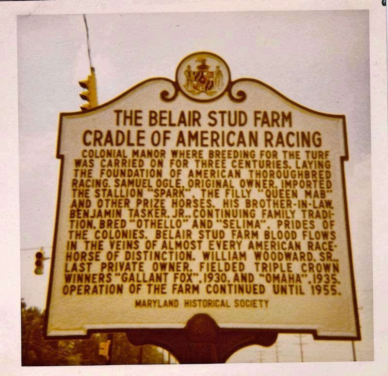 Photo of The Belair Stud Farm Marker taken in 1972. image. Click for full size.