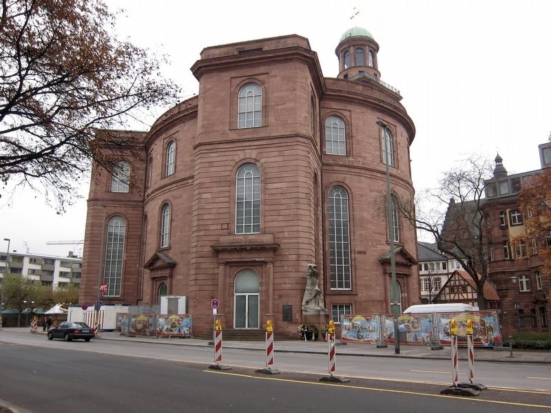 View of northwest corner of Paulskirche, with memorial image. Click for full size.