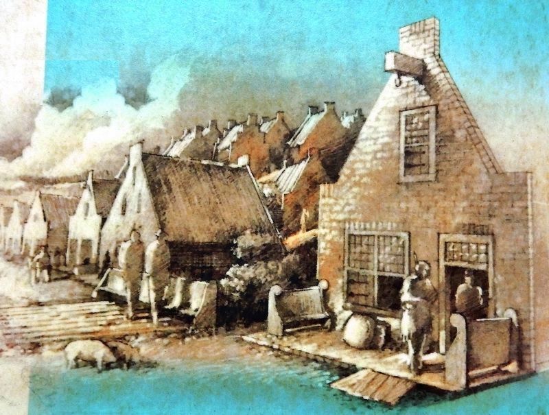 Marker detail: By 1657 there were about 120 wood houses faced with clapboard and brick image. Click for full size.
