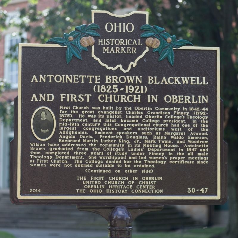 Antoinette Brown Blackwell and First Church in Oberlin Marker, Side One image. Click for full size.