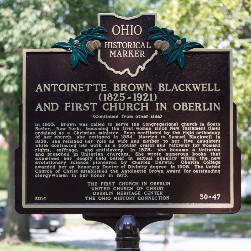 Antoinette Brown Blackwell and First Church in Oberlin Marker, Side Two image. Click for full size.