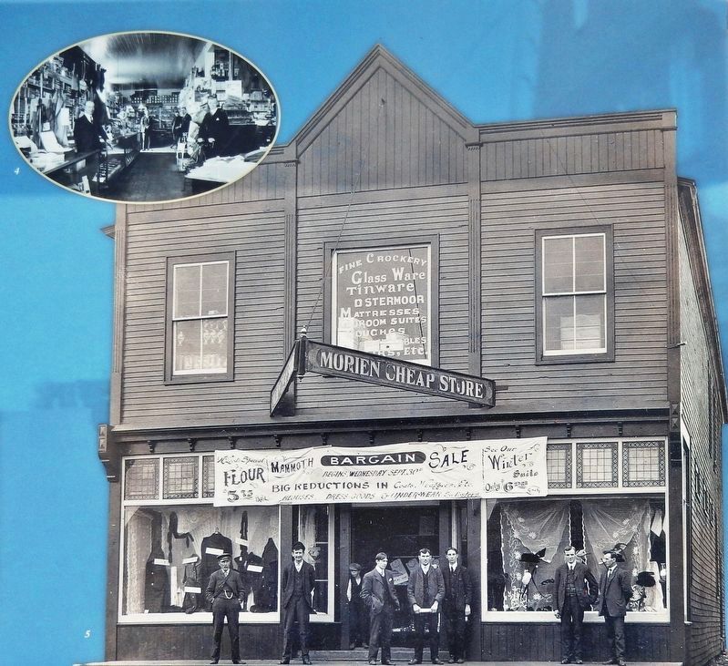 Marker detail: Workers in front of the Port Morien Cheap Store during a sale image. Click for full size.