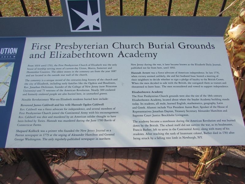 First Presbyterian Church Burial Grounds and Elizabethtown Academy Marker image. Click for full size.