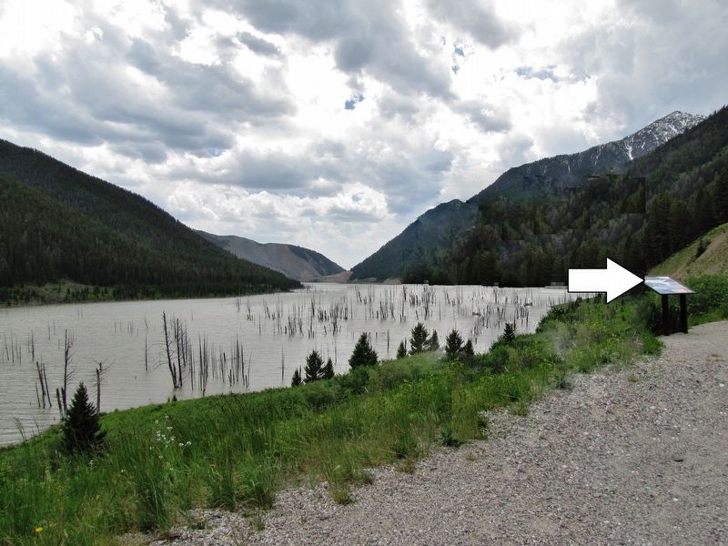 Seismic Shake Shaped this Lake Marker  <i>wide view<br>(Earthquake Lake in background)</i> image. Click for full size.