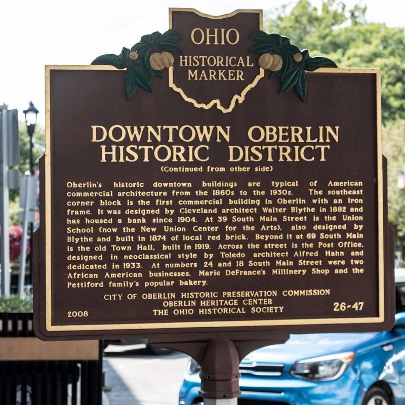 Downtown Oberlin Historic District Marker, side two image. Click for full size.