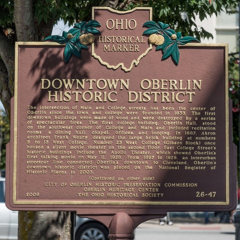 Downtown Oberlin Historic District Marker, side one image. Click for full size.