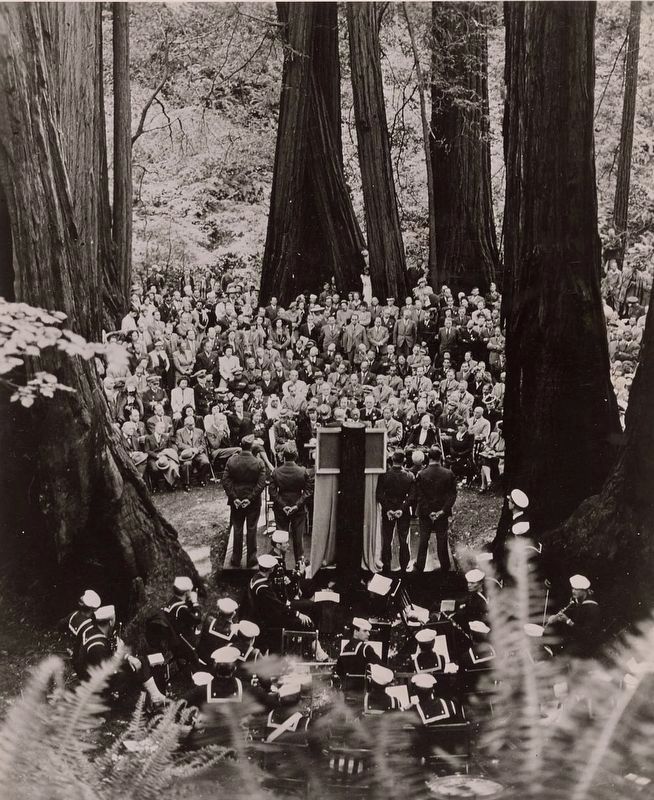 <i>United Nations delegates at a commemorative ceremony for Franklin D. Roosevelt, Muir Woods</i> image. Click for full size.