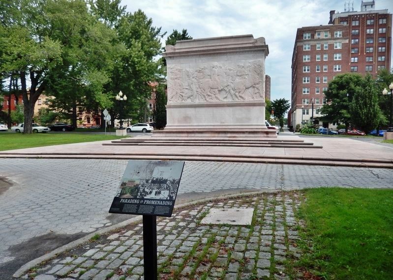 Parading/Promenading Marker  <i>wide view<br>(Albany Soldiers & Sailors Memorial in background)</i> image, Touch for more information