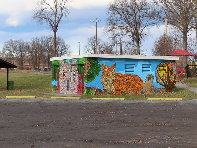 The restrooms building near the marker at Memorial Park. Click for full size. The restrooms building near the marker at Memorial Park image. Click for full size.