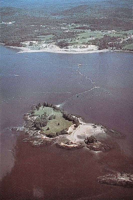 Marker detail: Aerial view of Saint Croix Island with Canadian shoreline in the background image. Click for full size.