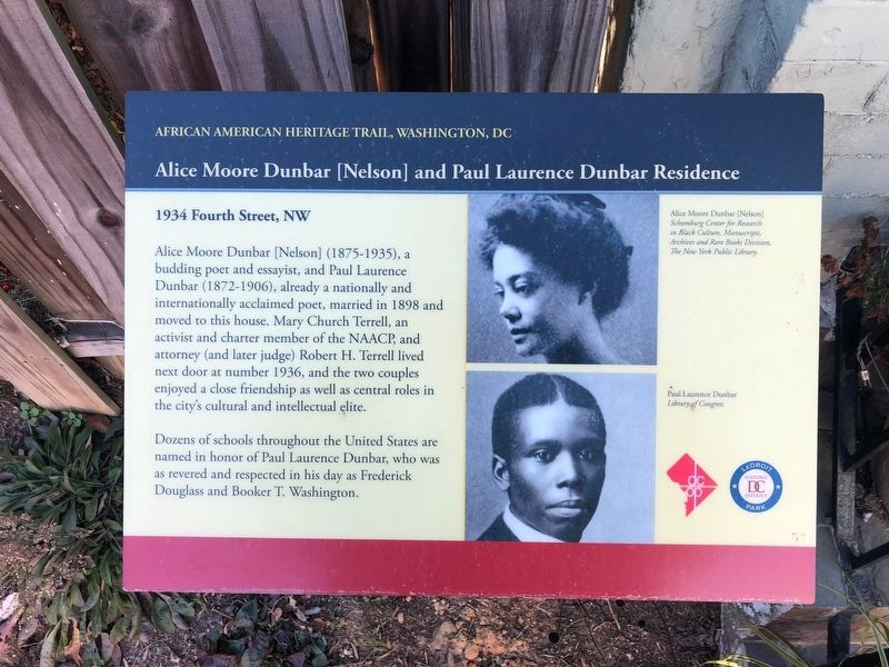 Alice Moore Dunbar [Nelson] and Paul Laurence Dunbar Residence Marker image. Click for full size.