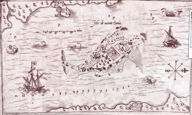 Champlain’s sketch of Saint Croix Island /<br>Dessin de l’île Saint-Croix exécuté par Champlain. Click for full size. Champlain’s sketch of Saint Croix Island /<br>Dessin de l’île Saint-Croix exécuté par Champlain image. Click for full size.