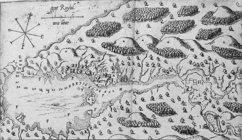 Marker detail: Champlain's map of Port Royal image. Click for full size.