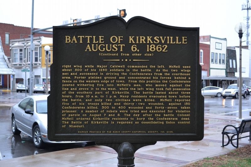 Battle of Kirksville Marker back image. Click for full size.