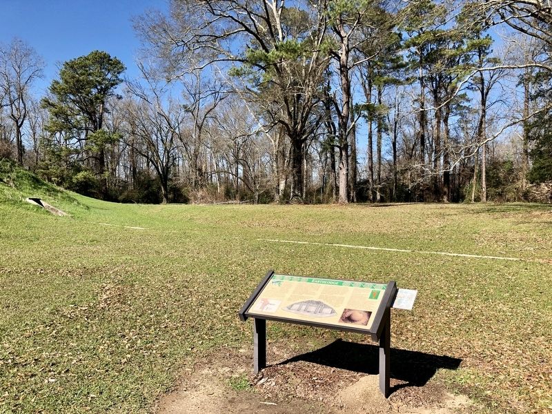 Earthlodge Marker with mound V in background. image. Click for full size.