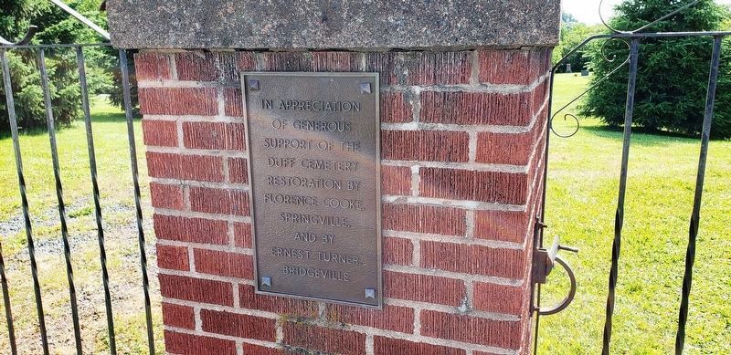 Duff Cemetery Restoration Plaque<br>(<i>mounted on left side of gate</i>). Click for full size. Duff Cemetery Restoration Plaque<br>(<i>mounted on left side of gate</i>) image. Click for full size.