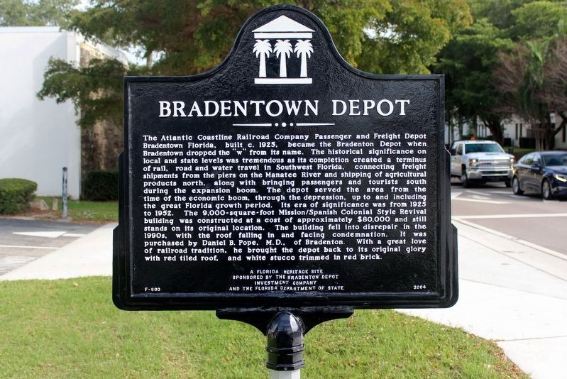 Bradentown Depot Marker after restoration image. Click for full size.