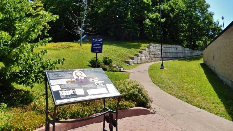 Viola Desmond Marker <i>wide view<br>(looking east from Archimedes Street)</i>. Click for full size. Viola Desmond Marker <i>wide view<br>(looking east from Archimedes Street)</i> image. Click for full size.