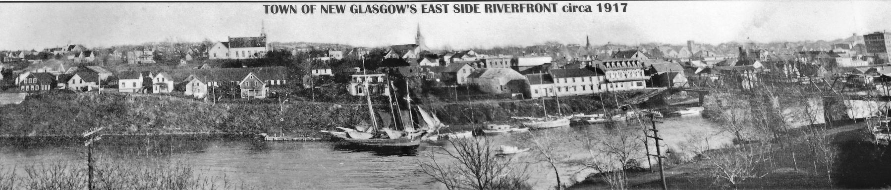 Marker detail: Town of New Glasgow�s East Side Riverfront circa 1917 image. Click for full size.