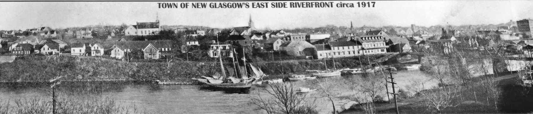 Marker detail: Town of New Glasgow’s East Side Riverfront circa 1917 image. Click for full size.