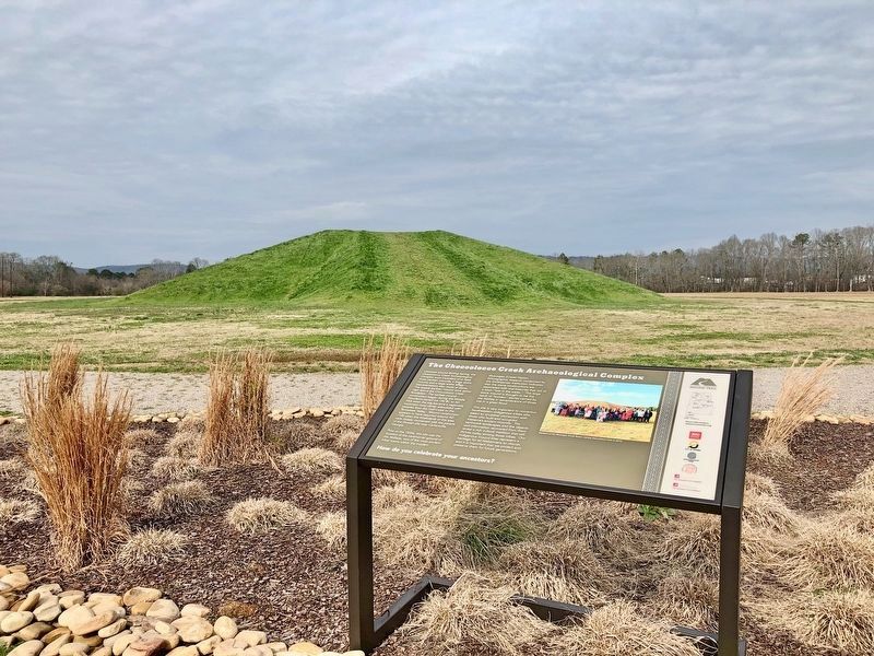 The Choccolocco Creek Archaeological Complex Marker with rebuilt mound in background. image. Click for full size.