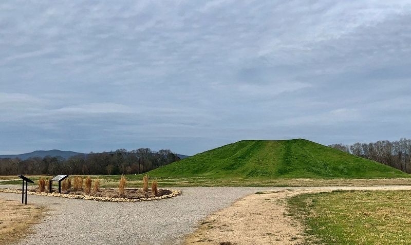 View of marker (on left of two) and the rebuilt mound. image. Click for full size.