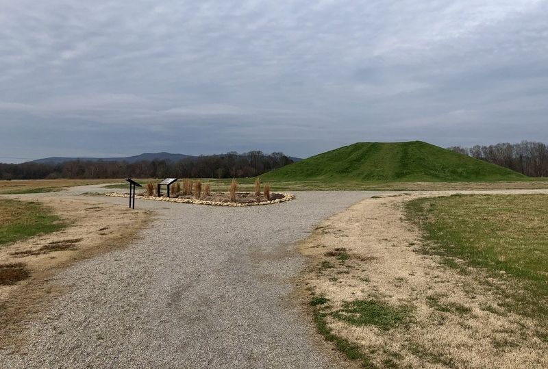 View from marker towards rebuilt mound. image. Click for full size.