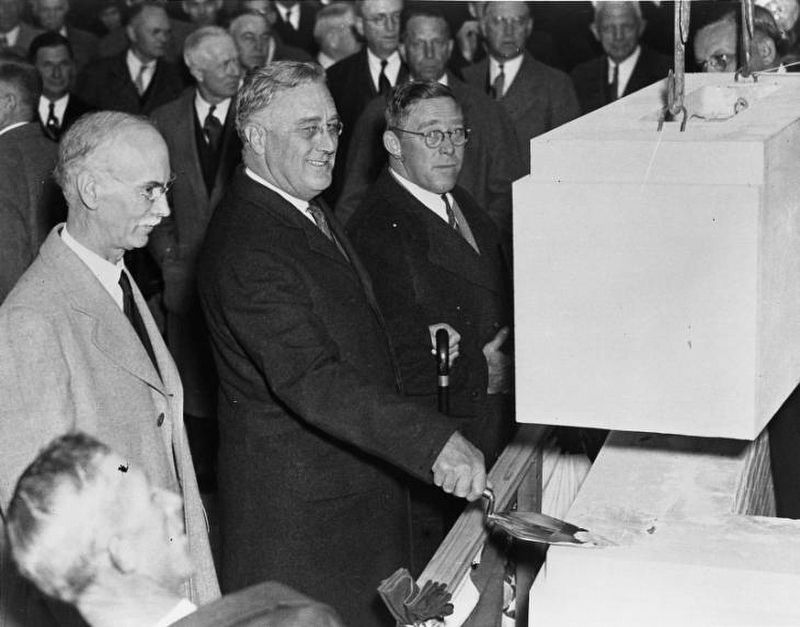 <i>President Roosevelt with Trowel, Cornerstone Dedication, SU College of Medicine</i> image. Click for full size.