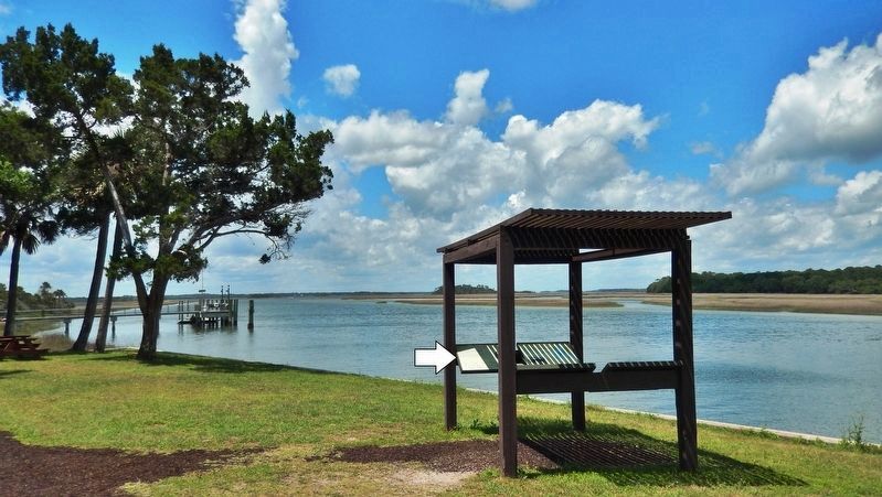 Fort George Island Marker kiosk  <i>wide view<br>(Fort George River in background)</i> image. Click for full size.