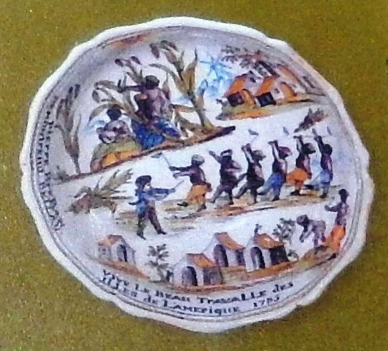 Marker detail: Salad Bowl Depicting Slavery with scenes of a sugar plantation, 1785 image. Click for full size.