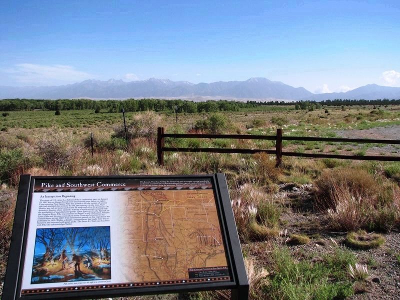 Pike and Southwest Commerce Marker  <i>wide view<br>(Great Sand Dunes Natl Park in background)</i> image. Click for full size.