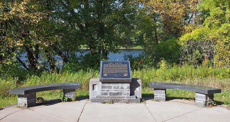 Fort Ripley marker with Mississippi River behind image. Click for full size.