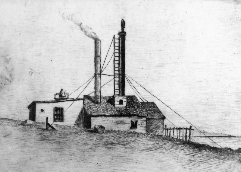 Marker detail: World's first steam fog alarm, circa 1880 image. Click for full size.
