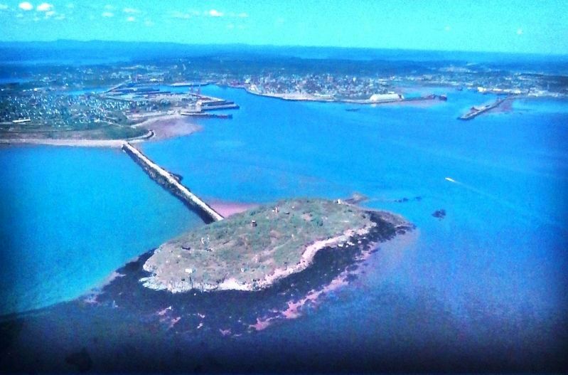 Marker detail: Aerial view of Partridge Island<br>(<i>City of Saint John in background</i>) image. Click for full size.