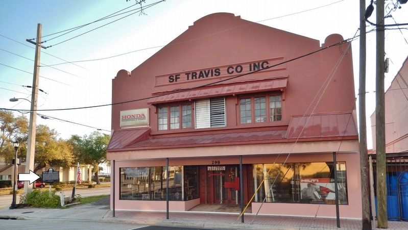 The S. F. Travis Company Marker<br>(<i>wide view from Delannoy Avenue • marker at left</i>) image. Click for full size.