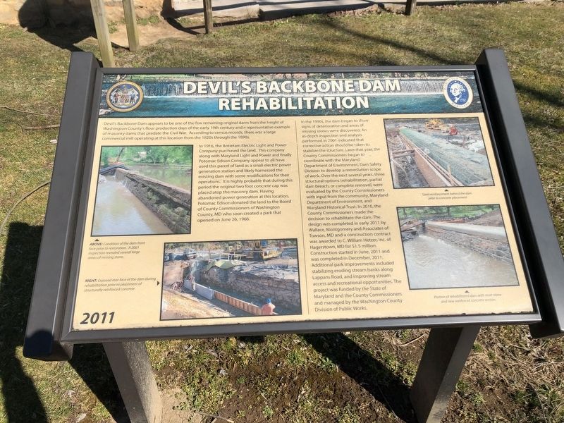 Devil's Backbone Dam Rehabilitation Marker. Click for full size. Devil's Backbone Dam Rehabilitation Marker image. Click for full size.