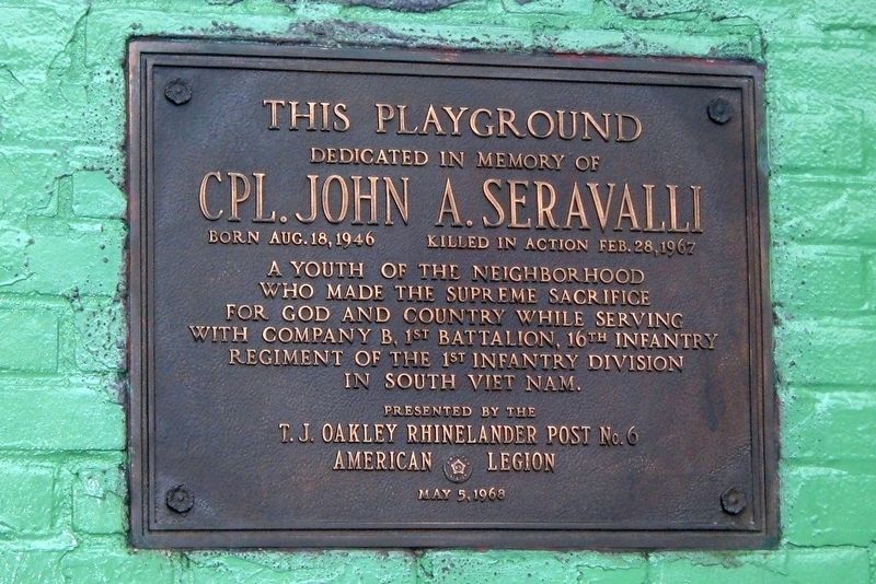 Cpl. John A. Seravalli Memorial Playground Marker image. Click for full size.