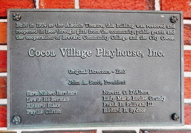 Cocoa Village Playhouse Restoration Plaque<br>(<i>mounted at eye-level, just left of entrance</i>) image. Click for full size.